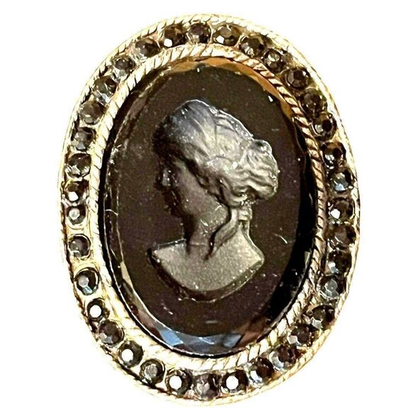 Costume Silver w/ Black Onyx Lucite Embossed Jewelry Bracelet Panels Stretch - Picture 7 of 8